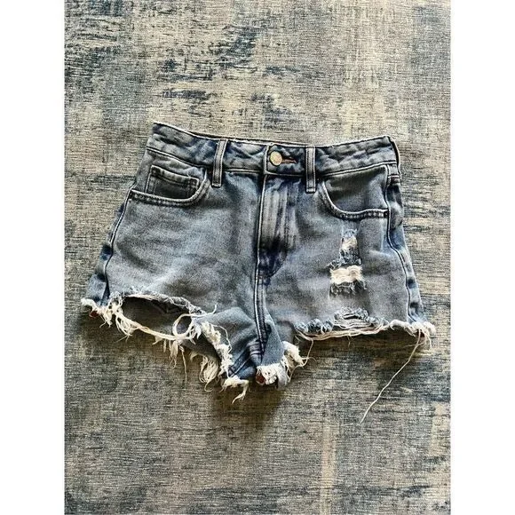 PacSun Light Blue Distressed High Rise Festival Denim Shorts 23" - Picture 1 of 7
